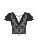 Black Sexy Lace Printed V Neck Gothic Style Slightly See Through Short Sleeved Top