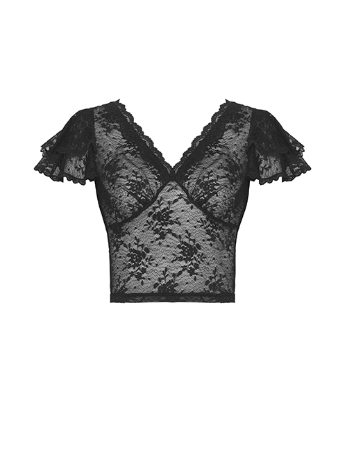 Black Sexy Lace Printed V Neck Gothic Style Slightly See Through Short Sleeved Top