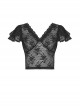 Black Sexy Lace Printed V Neck Gothic Style Slightly See Through Short Sleeved Top