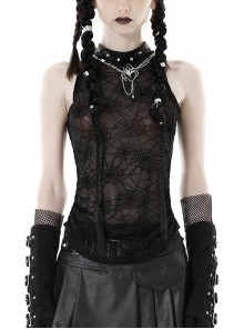 Sexy Black Cobweb Embroidery Pattern With Spiked Rivet Neckline Punk Style Sleeveless Top