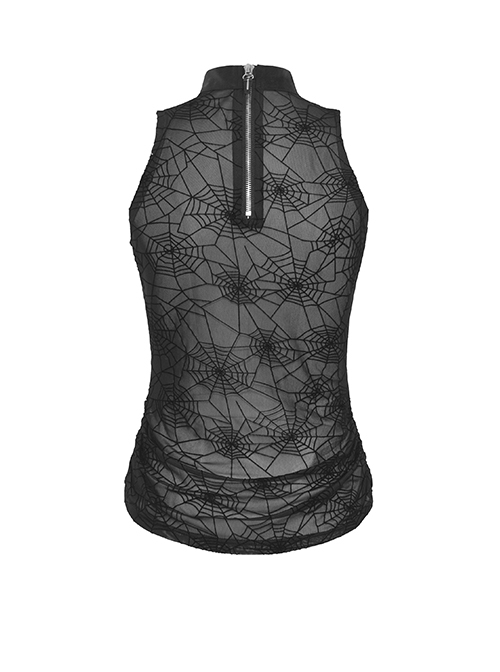 Sexy Black Cobweb Embroidery Pattern With Spiked Rivet Neckline Punk Style Sleeveless Top