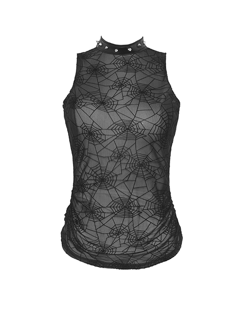 Sexy Black Cobweb Embroidery Pattern With Spiked Rivet Neckline Punk Style Sleeveless Top