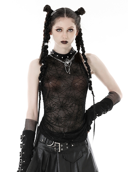 Sexy Black Cobweb Embroidery Pattern With Spiked Rivet Neckline Punk Style Sleeveless Top