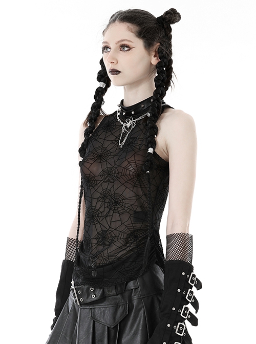 Sexy Black Cobweb Embroidery Pattern With Spiked Rivet Neckline Punk Style Sleeveless Top