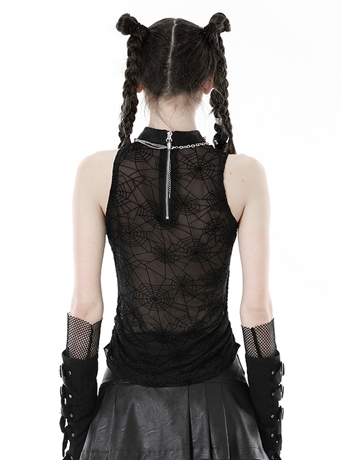 Sexy Black Cobweb Embroidery Pattern With Spiked Rivet Neckline Punk Style Sleeveless Top