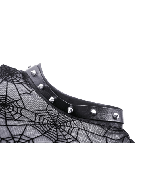 Sexy Black Cobweb Embroidery Pattern With Spiked Rivet Neckline Punk Style Sleeveless Top