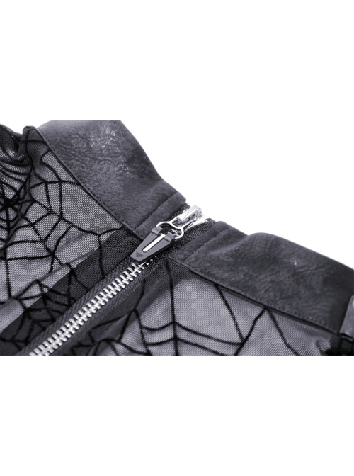 Sexy Black Cobweb Embroidery Pattern With Spiked Rivet Neckline Punk Style Sleeveless Top