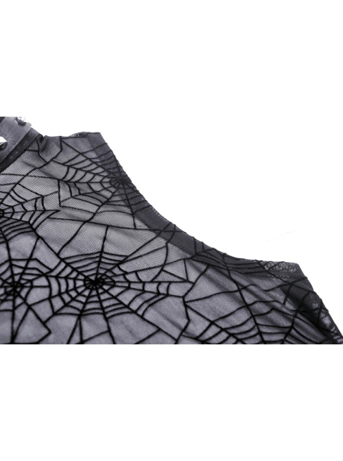 Sexy Black Cobweb Embroidery Pattern With Spiked Rivet Neckline Punk Style Sleeveless Top