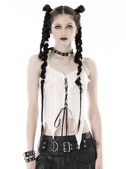 White Decadent Hole Front Lace Strap Punk Style Halter Top