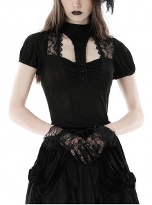 Personalized Black Slim Fit Printed Woven Front Lace With Delicate Lace Punk Style Short Sleeved Top