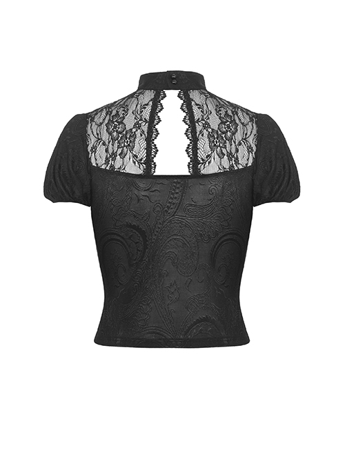 Personalized Black Slim Fit Printed Woven Front Lace With Delicate Lace Punk Style Short Sleeved Top