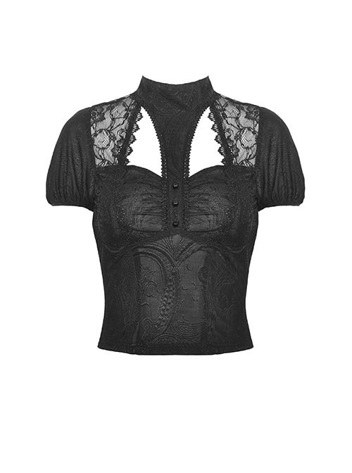 Personalized Black Slim Fit Printed Woven Front Lace With Delicate Lace Punk Style Short Sleeved Top