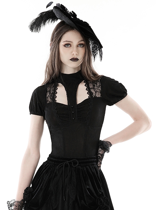 Personalized Black Slim Fit Printed Woven Front Lace With Delicate Lace Punk Style Short Sleeved Top