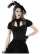 Personalized Black Slim Fit Printed Woven Front Lace With Delicate Lace Punk Style Short Sleeved Top
