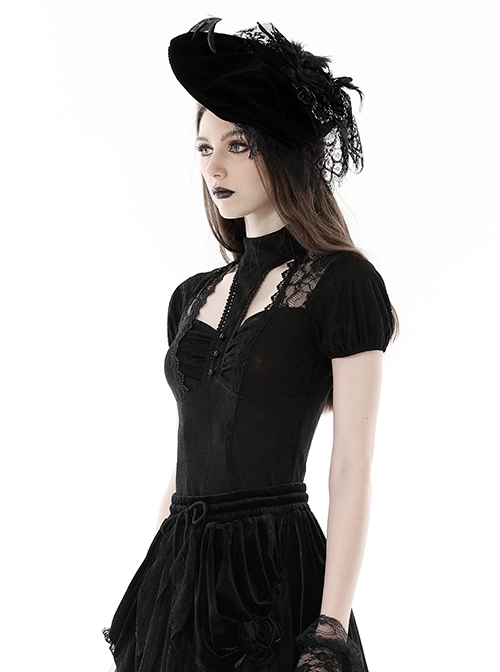 Personalized Black Slim Fit Printed Woven Front Lace With Delicate Lace Punk Style Short Sleeved Top