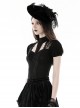 Personalized Black Slim Fit Printed Woven Front Lace With Delicate Lace Punk Style Short Sleeved Top