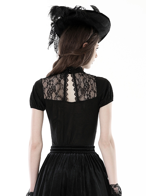 Personalized Black Slim Fit Printed Woven Front Lace With Delicate Lace Punk Style Short Sleeved Top