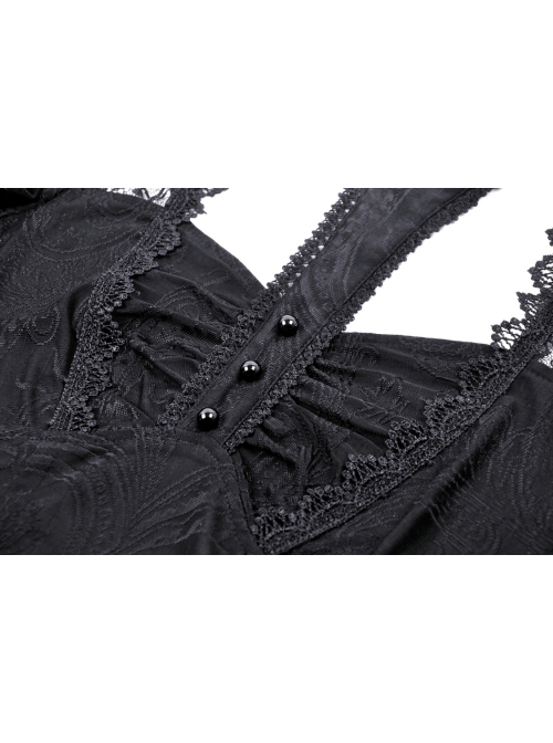 Personalized Black Slim Fit Printed Woven Front Lace With Delicate Lace Punk Style Short Sleeved Top