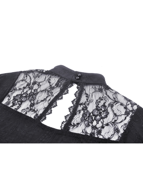 Personalized Black Slim Fit Printed Woven Front Lace With Delicate Lace Punk Style Short Sleeved Top