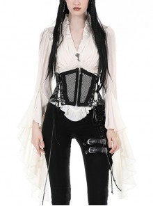 White Slim Fitting Ruffled V-Neck Metal Key Embellished Punk Style Exaggerated Long Sleeved Top