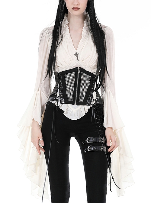 White Slim Fitting Ruffled V-Neck Metal Key Embellished Punk Style Exaggerated Long Sleeved Top
