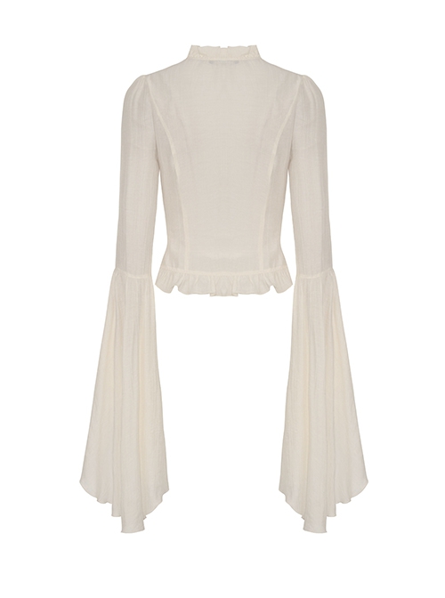 White Slim Fitting Ruffled V-Neck Metal Key Embellished Punk Style Exaggerated Long Sleeved Top