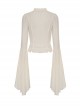 White Slim Fitting Ruffled V-Neck Metal Key Embellished Punk Style Exaggerated Long Sleeved Top