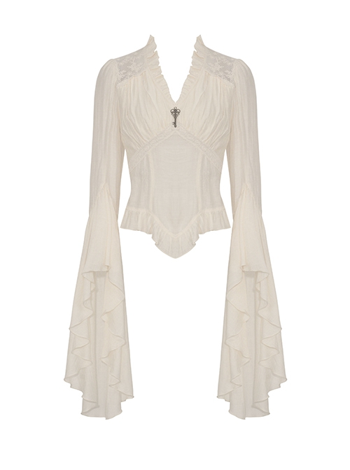 White Slim Fitting Ruffled V-Neck Metal Key Embellished Punk Style Exaggerated Long Sleeved Top