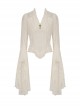 White Slim Fitting Ruffled V-Neck Metal Key Embellished Punk Style Exaggerated Long Sleeved Top