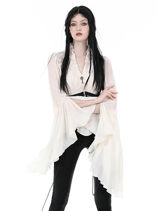 White Slim Fitting Ruffled V-Neck Metal Key Embellished Punk Style Exaggerated Long Sleeved Top