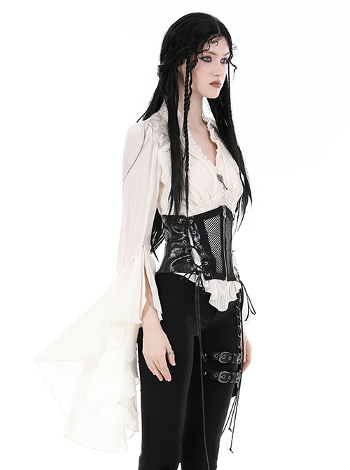White Slim Fitting Ruffled V-Neck Metal Key Embellished Punk Style Exaggerated Long Sleeved Top