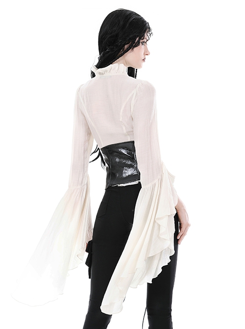 White Slim Fitting Ruffled V-Neck Metal Key Embellished Punk Style Exaggerated Long Sleeved Top