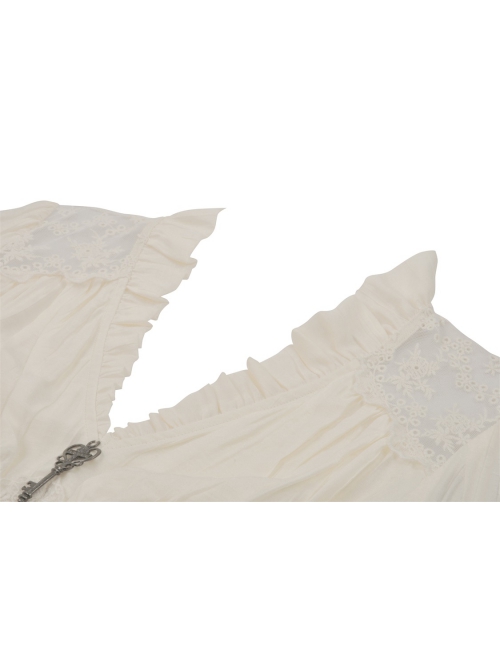 White Slim Fitting Ruffled V-Neck Metal Key Embellished Punk Style Exaggerated Long Sleeved Top