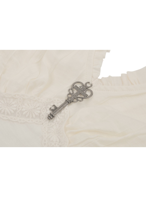 White Slim Fitting Ruffled V-Neck Metal Key Embellished Punk Style Exaggerated Long Sleeved Top