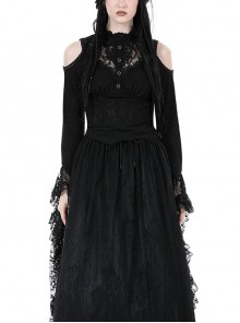 Black Slim Fit Shoulder Hollow Lace Punk Style Exaggerated Long Sleeve Top