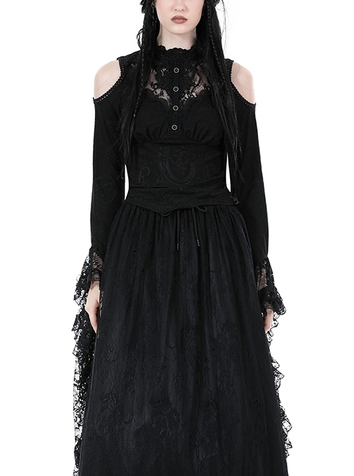 Black Slim Fit Shoulder Hollow Lace Punk Style Exaggerated Long Sleeve Top