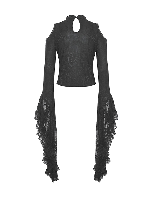 Black Slim Fit Shoulder Hollow Lace Punk Style Exaggerated Long Sleeve Top