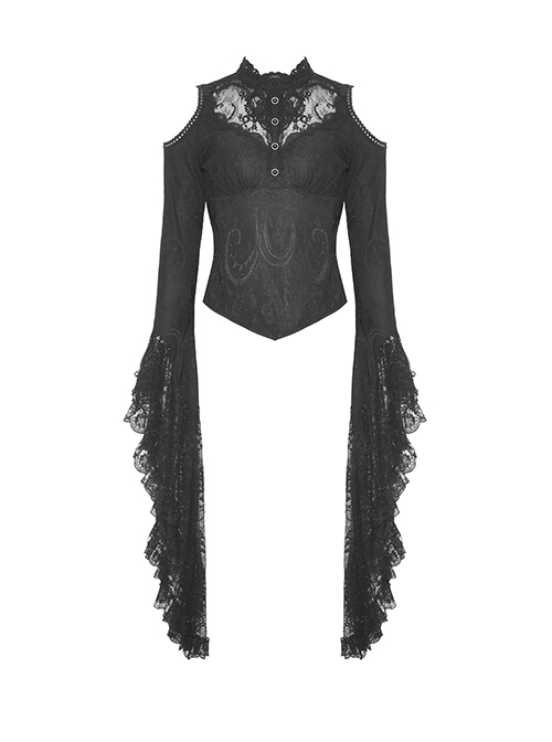 Black Slim Fit Shoulder Hollow Lace Punk Style Exaggerated Long Sleeve Top