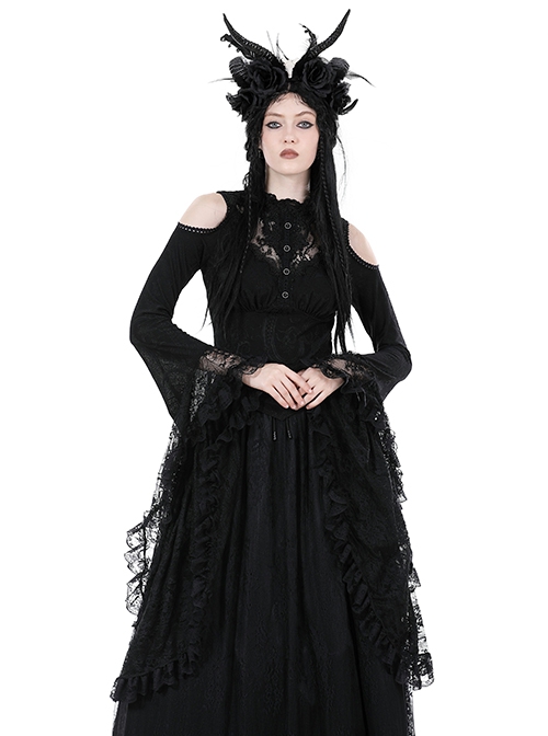Black Slim Fit Shoulder Hollow Lace Punk Style Exaggerated Long Sleeve Top