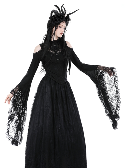 Black Slim Fit Shoulder Hollow Lace Punk Style Exaggerated Long Sleeve Top