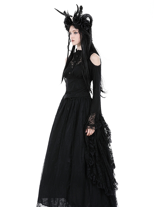 Black Slim Fit Shoulder Hollow Lace Punk Style Exaggerated Long Sleeve Top