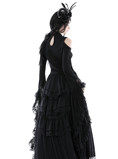 Black Slim Fit Shoulder Hollow Lace Punk Style Exaggerated Long Sleeve Top