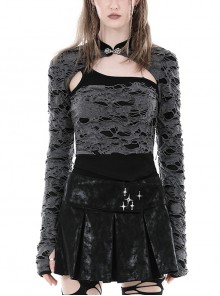 Gray Ripped Woven Front Chest Hollowed Out And Exquisite Collar Buttons Embellished With Punk Style Long Sleeved Top