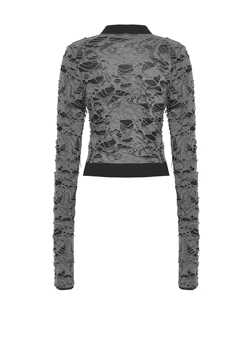 Gray Ripped Woven Front Chest Hollowed Out And Exquisite Collar Buttons Embellished With Punk Style Long Sleeved Top