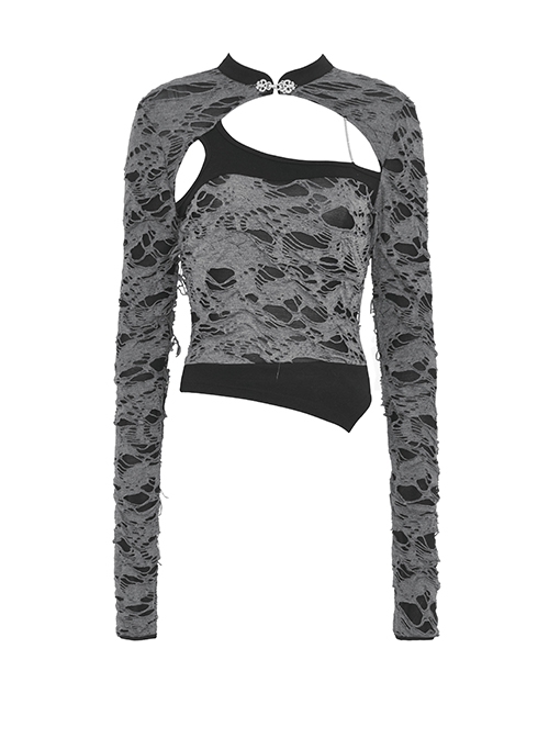 Gray Ripped Woven Front Chest Hollowed Out And Exquisite Collar Buttons Embellished With Punk Style Long Sleeved Top