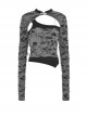 Gray Ripped Woven Front Chest Hollowed Out And Exquisite Collar Buttons Embellished With Punk Style Long Sleeved Top