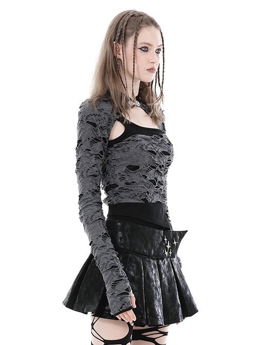 Gray Ripped Woven Front Chest Hollowed Out And Exquisite Collar Buttons Embellished With Punk Style Long Sleeved Top