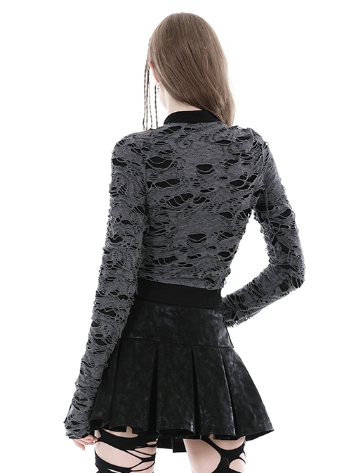 Gray Ripped Woven Front Chest Hollowed Out And Exquisite Collar Buttons Embellished With Punk Style Long Sleeved Top