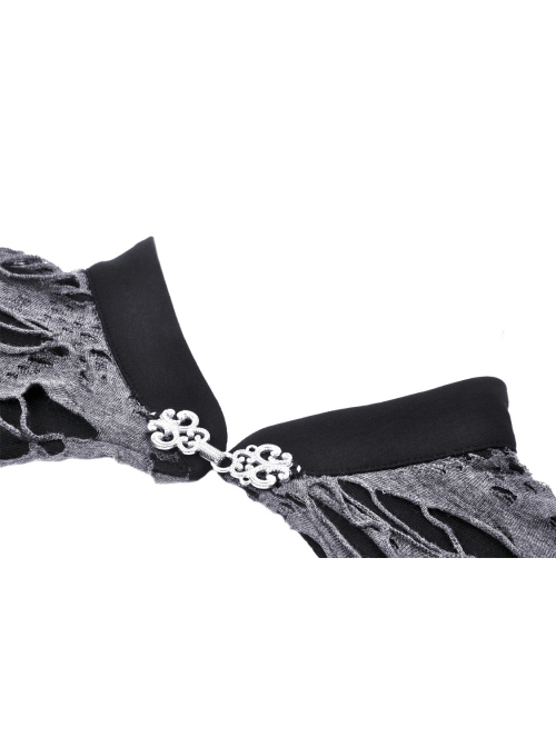 Gray Ripped Woven Front Chest Hollowed Out And Exquisite Collar Buttons Embellished With Punk Style Long Sleeved Top