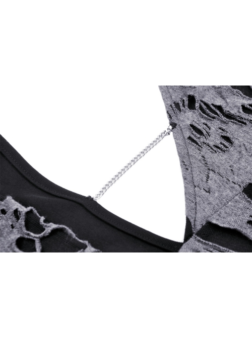 Gray Ripped Woven Front Chest Hollowed Out And Exquisite Collar Buttons Embellished With Punk Style Long Sleeved Top
